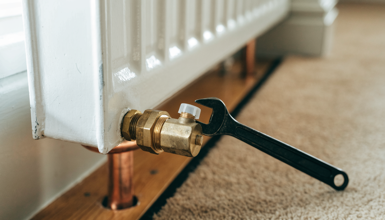 A small adjustable spanner gripping the exposed spindle of a brass lockshield valve at the bottom of a white panel radiator, with the plastic cap removed and copper pipe running down through the floorboards