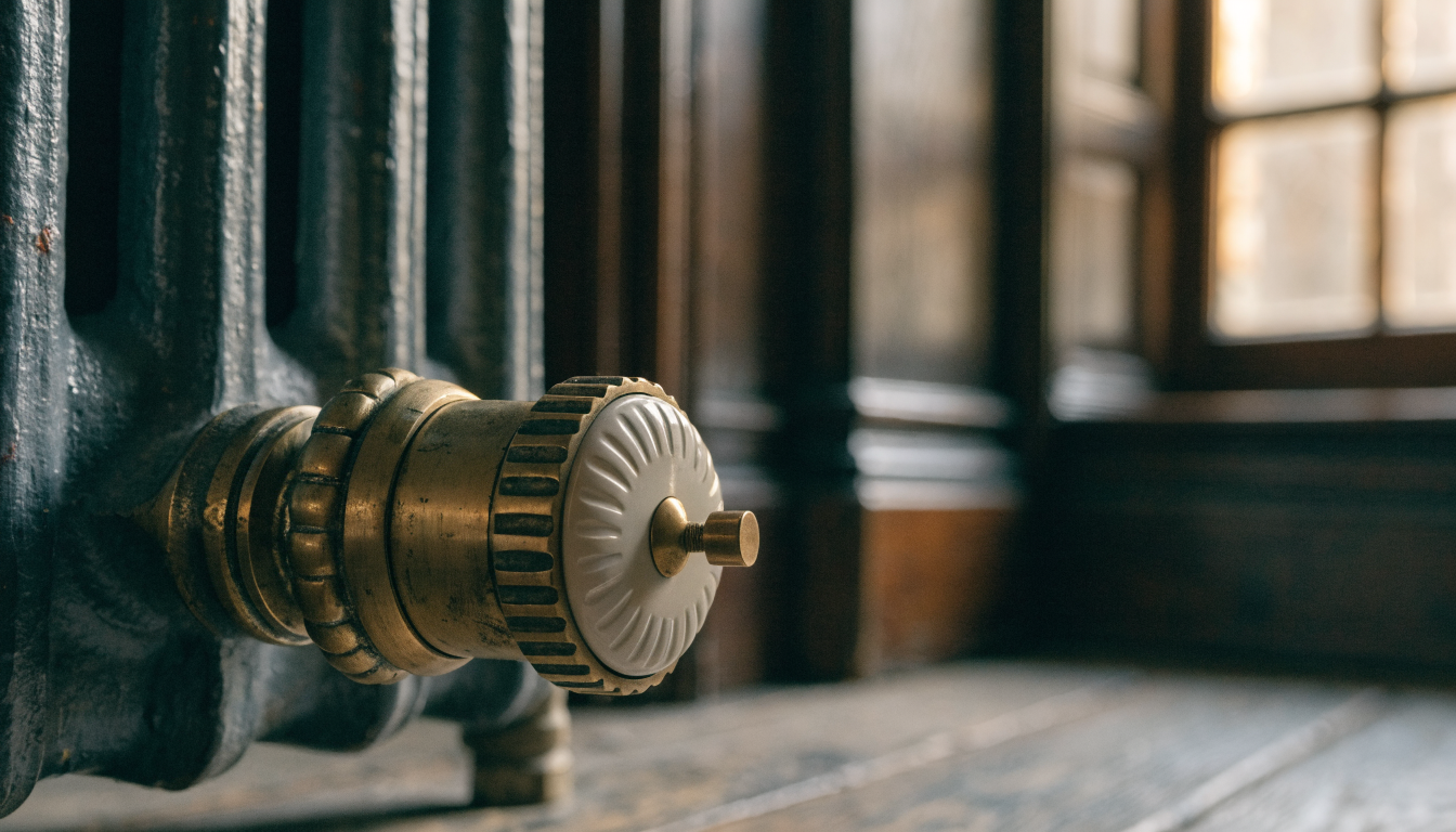 An antique brass traditional thermostatic radiator valve with a ceramic style dial fitted to a cast iron column radiator on bare floorboards