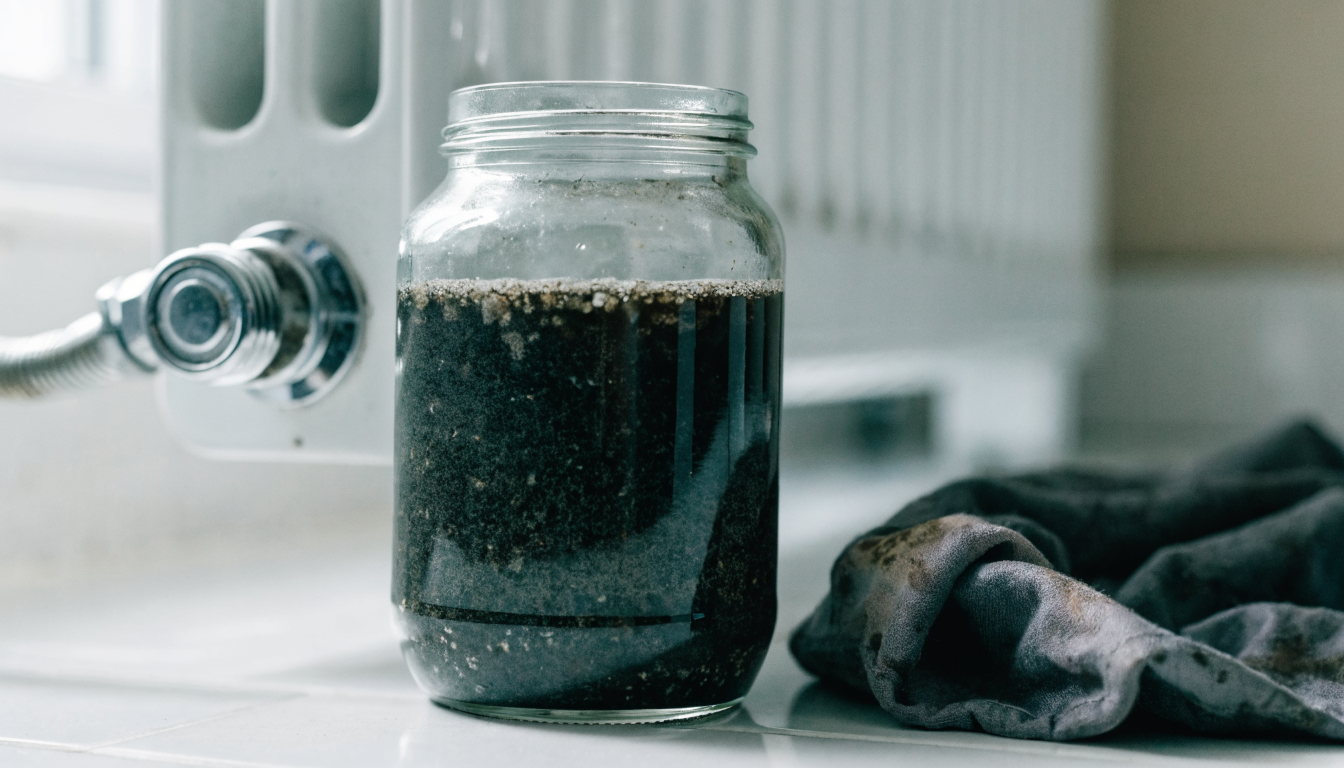 A glass jar of black silty magnetite water drained from a central heating radiator, with a stained cloth beside it