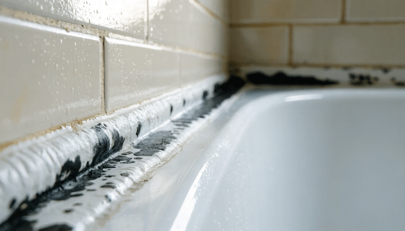 Close-up of a white silicone sealant bead along a bath edge, heavily stained with black mould both on the surface and within the sealant itself
