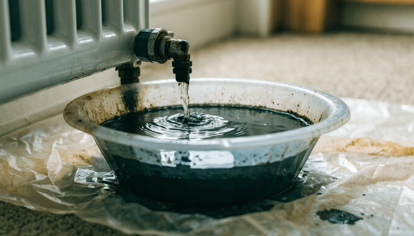 Black iron oxide sludge draining out of a radiator valve into a washing-up bowl, showing what builds up in a system left without inhibitor