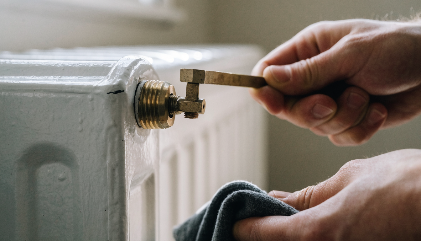 A brass radiator bleed key being turned in the bleed valve of a white panel radiator, with a cloth held underneath to catch drips