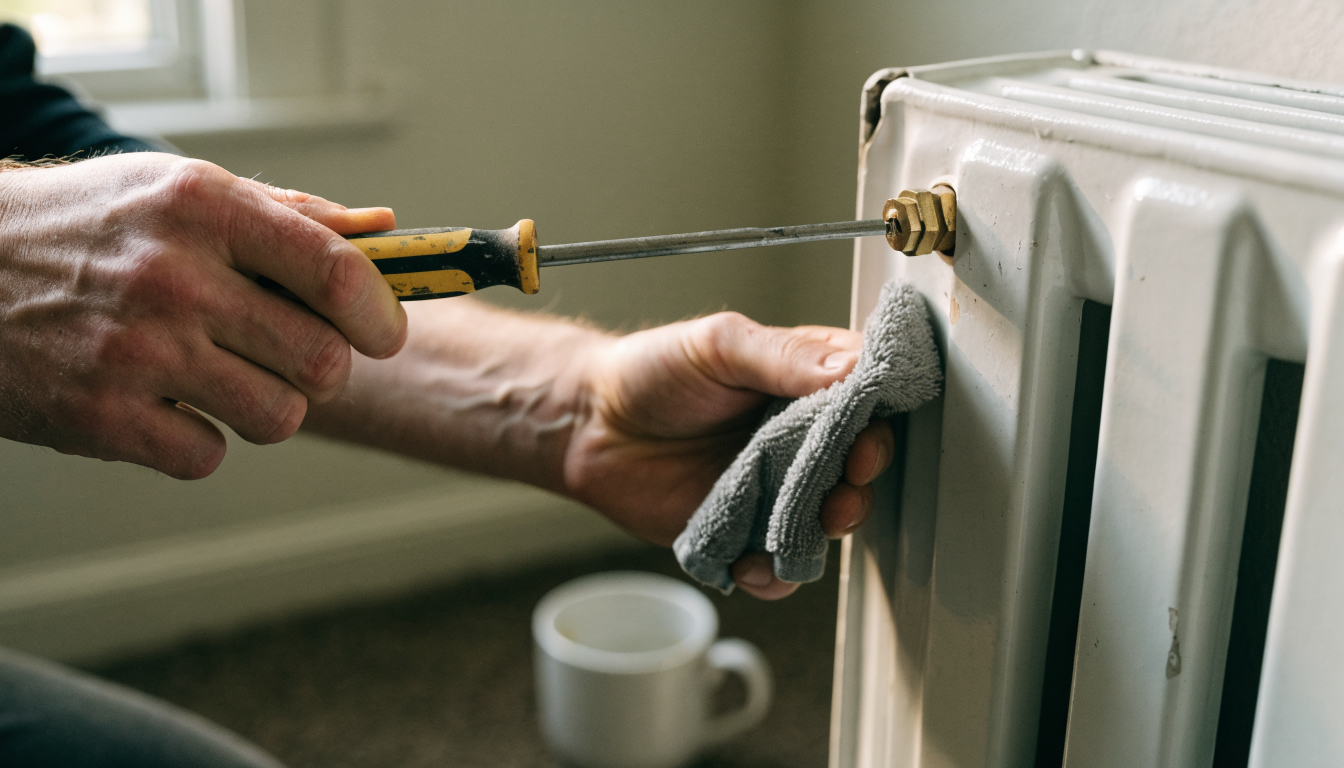 A flat-head screwdriver being turned in the slotted bleed valve of a white panel radiator, with a cloth held underneath and a mug on the floor to catch the water