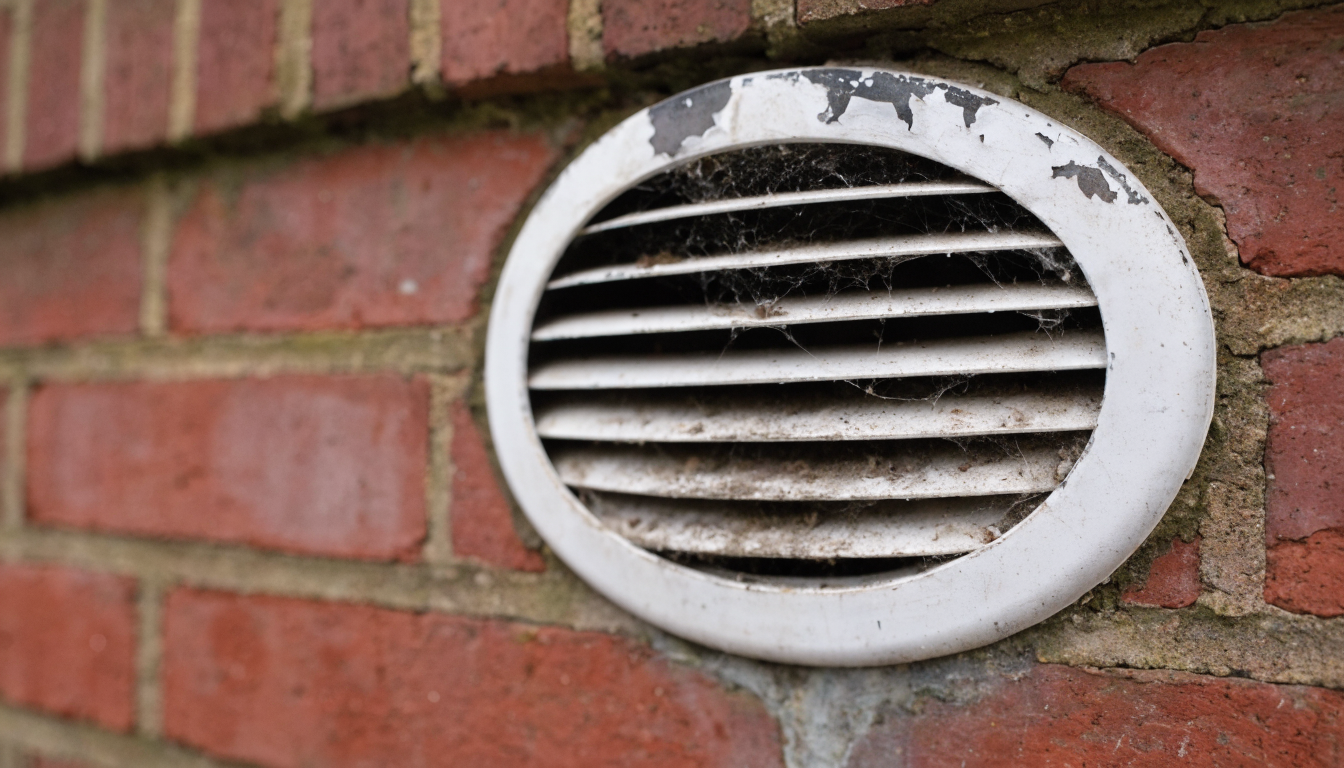 A round white louvred external wall vent grille on red brickwork, the slats grimy and clogged and the paint flaking at the edge