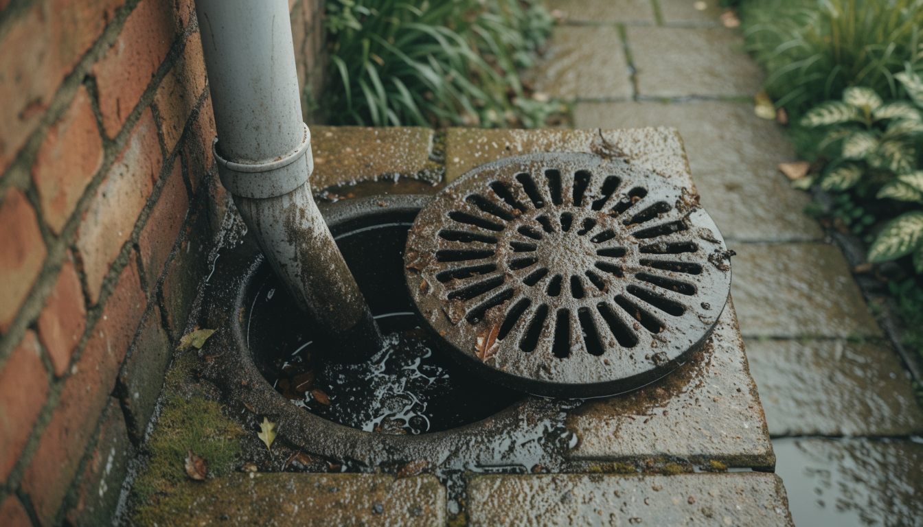 An outside drain gully beside a brick house wall with the cast iron grating lifted off, showing standing water, silt and leaves in the gully pot below the rainwater downpipe