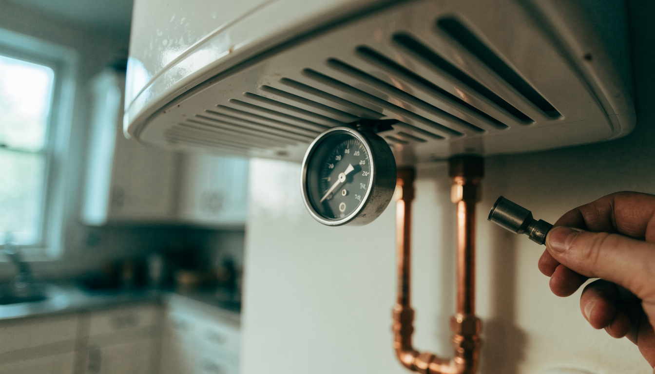 Pressure gauge on the underside of a white wall-mounted combi boiler, with the needle sitting low and copper pipework below