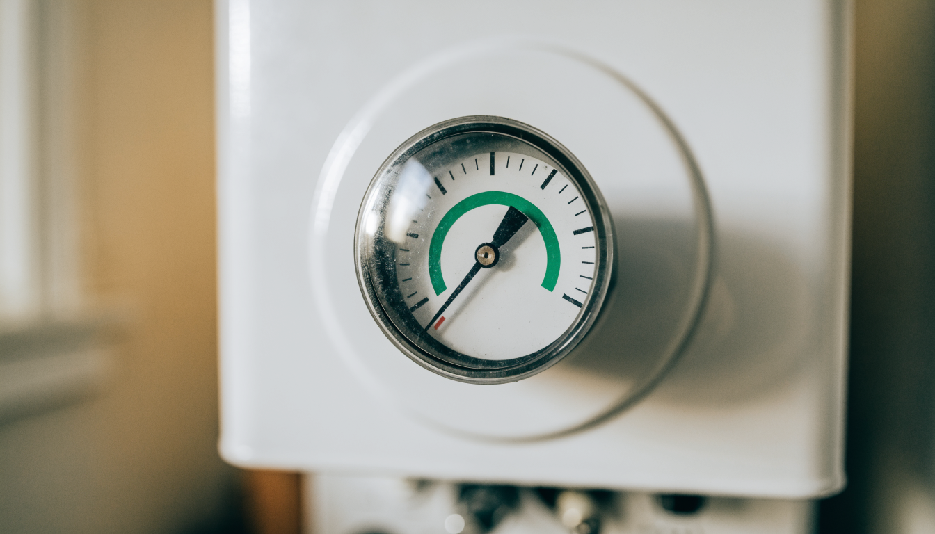 A round analogue pressure gauge on the front of a white combi boiler with the needle sitting below the green band, showing low system pressure