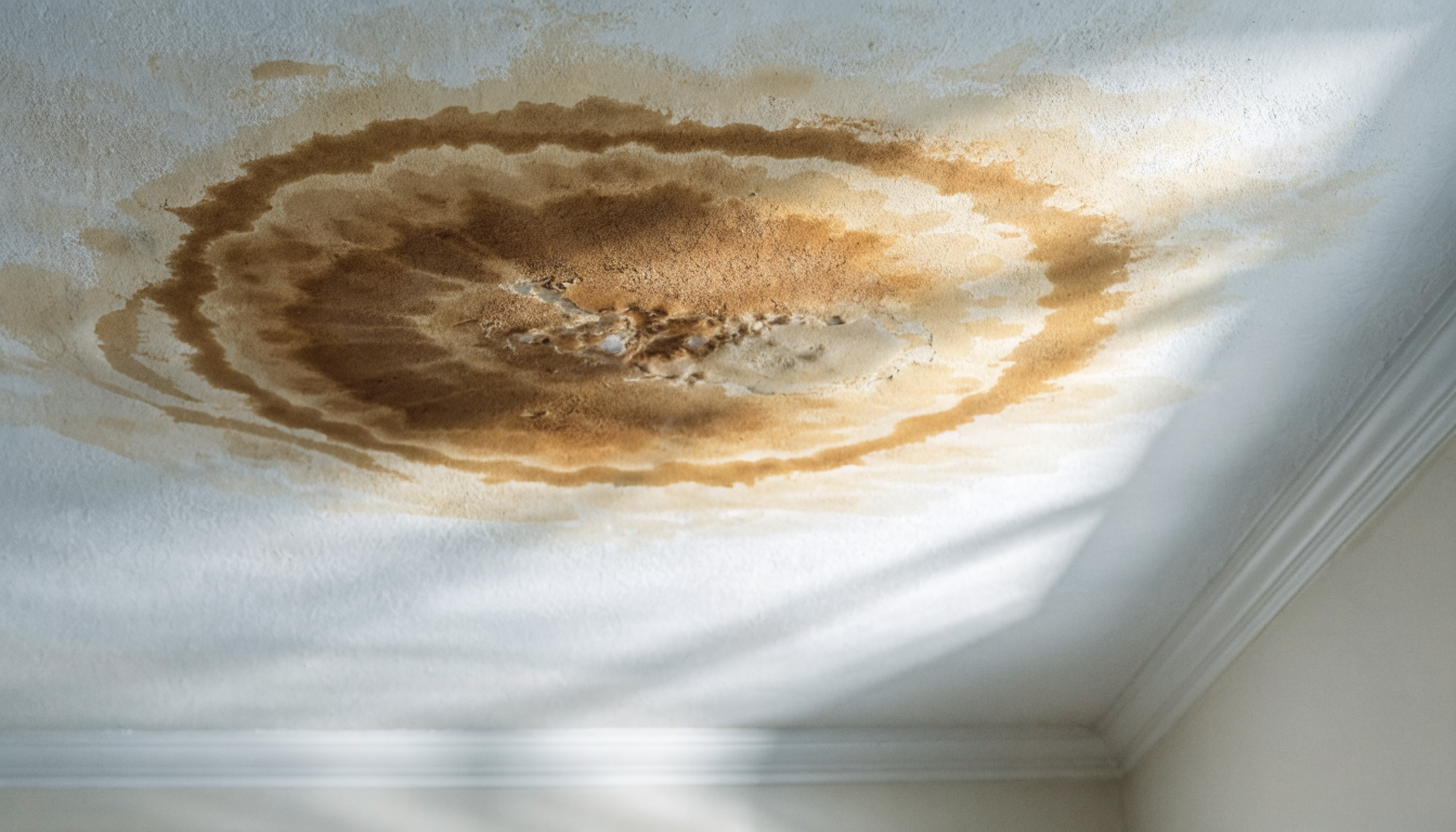 A brown damp stain with concentric tide marks spreading across a white painted ceiling in a domestic room, the paint discoloured and blistered at the centre
