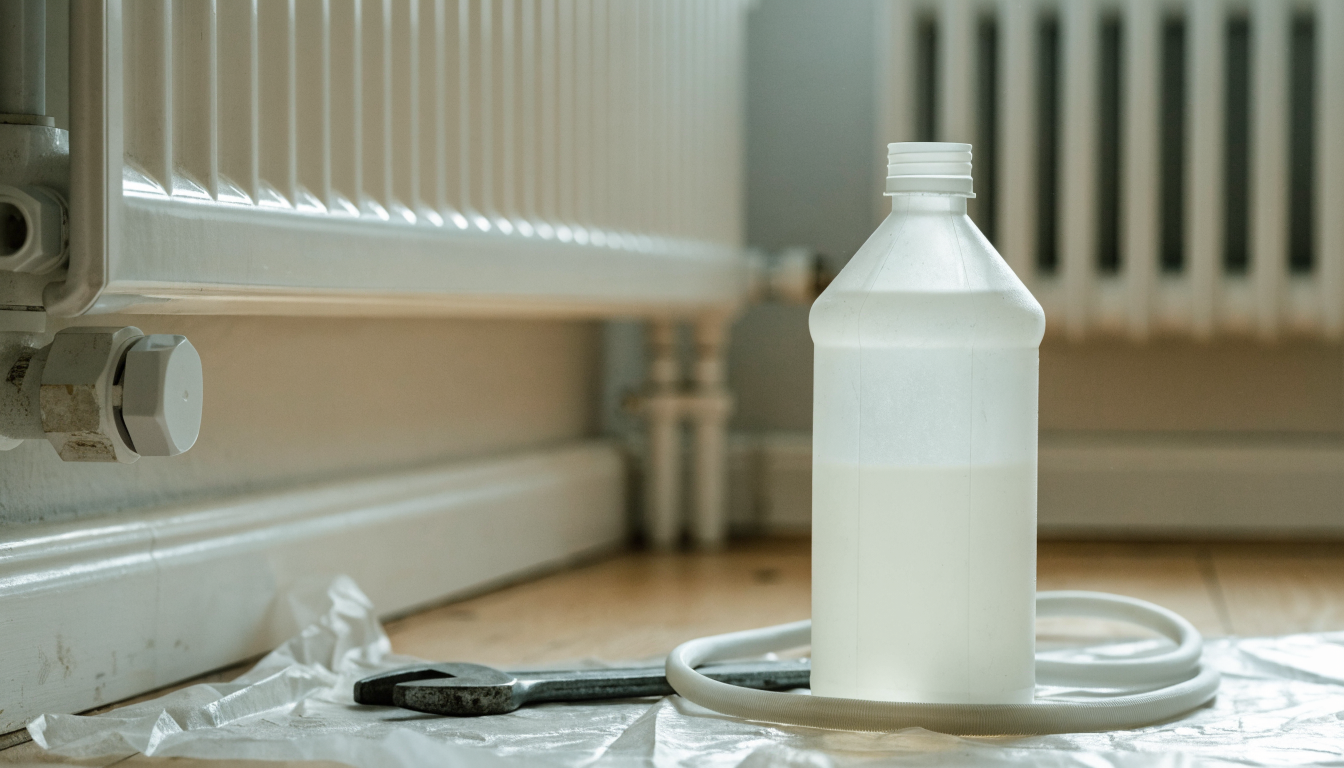 A 500ml bottle of central heating inhibitor standing on a dust sheet beside a radiator, with a dosing hose and an adjustable spanner ready for the job
