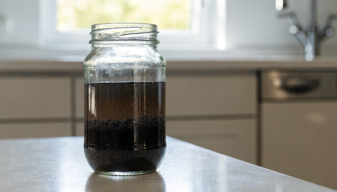 A glass jar of black sludgy water drawn from a central heating system, standing on a kitchen worktop with the dark magnetite sediment settling out towards the bottom