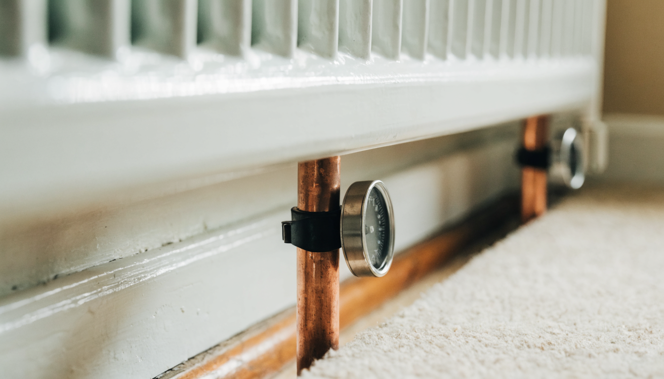 Two round clip-on dial thermometers clamped to the copper flow and return pipes at either end of a white radiator, positioned to read both pipe temperatures at the same time