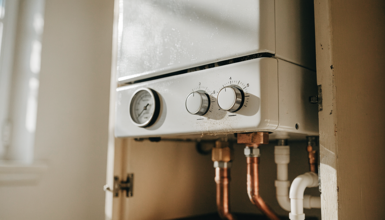 A white wall-mounted combi boiler in a kitchen cupboard, with the pressure gauge and the heating and hot water temperature dials visible above the copper pipework
