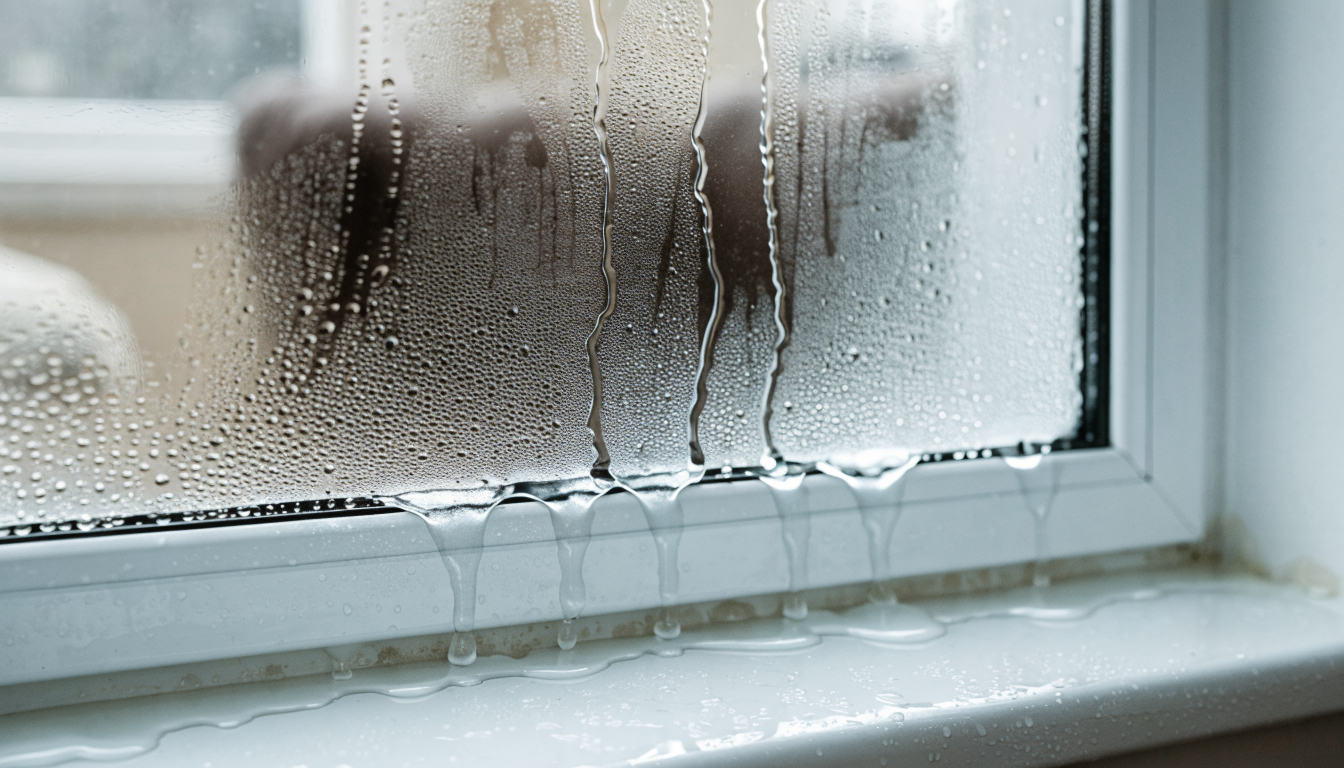 Heavy condensation covering the inside of a uPVC double glazed window, with water running down the glass and pooling along the white window sill