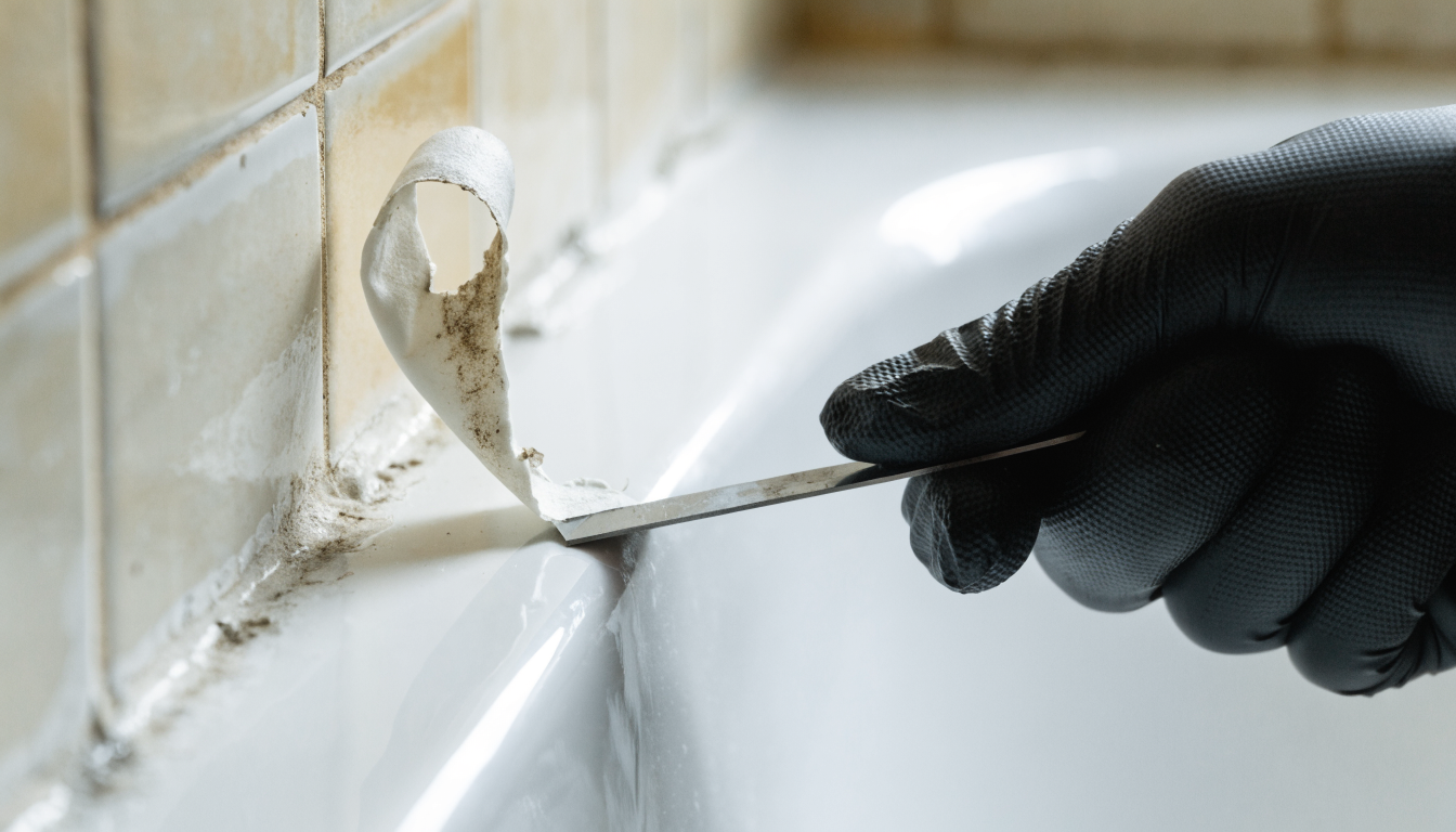 Gloved hand slicing along an old stained silicone sealant bead with a slim blade and peeling the strip away from the joint between bath and tiles