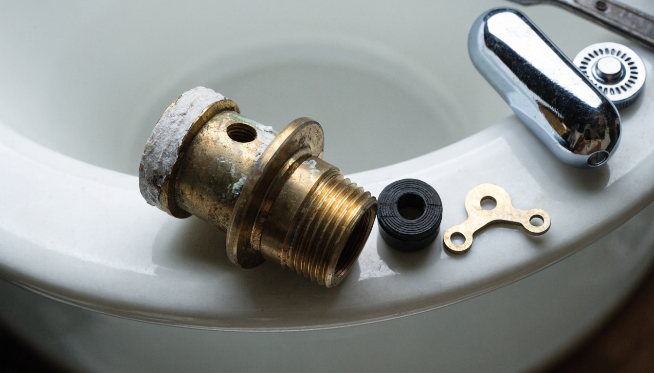 A dismantled traditional pillar tap head showing the limescaled brass headgear valve, the black rubber washer and the brass jumper laid out on a basin