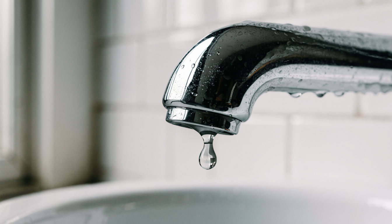 A water droplet forming on the underside of a chrome tap spout above a white basin, with limescale marking on the chrome
