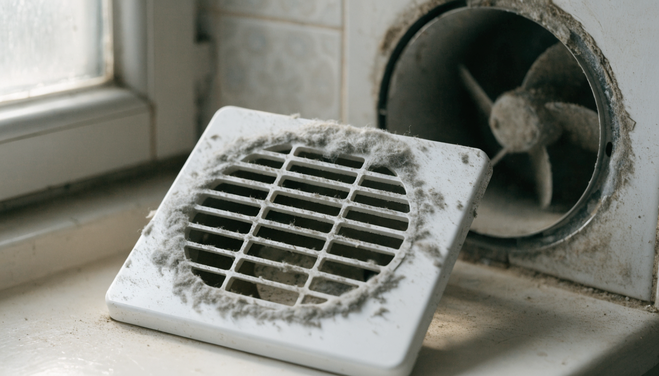 A bathroom extractor fan cover clogged with grey felted dust, removed and resting beside the exposed fan impeller in the wall