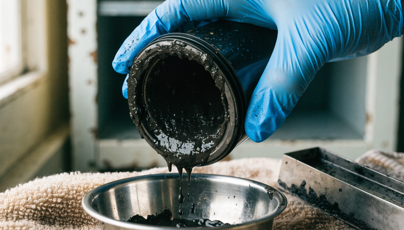 A gloved hand tipping thick black magnetite sludge out of a central heating magnetic filter canister into a metal bowl