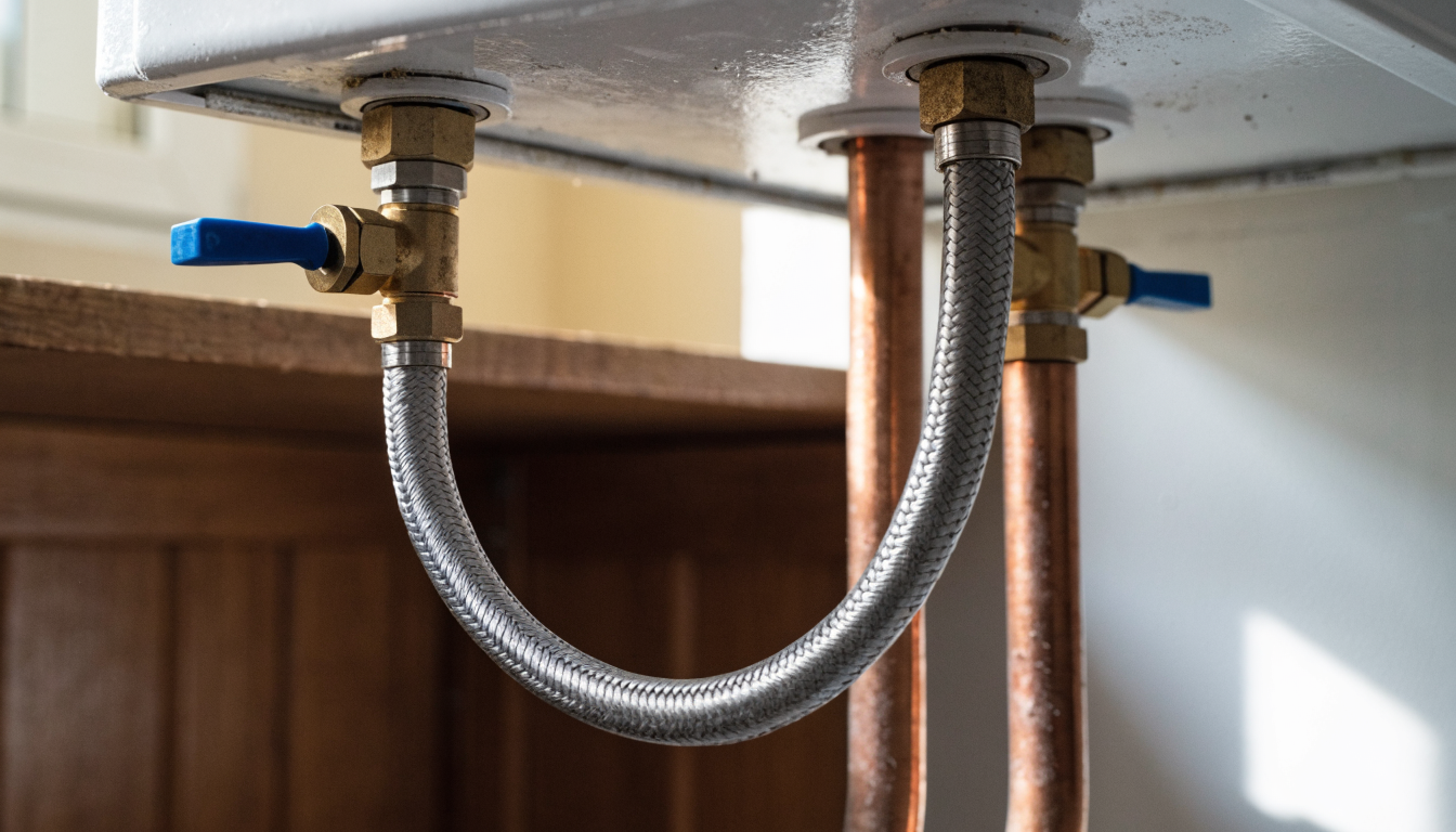 A braided stainless steel filling loop hanging beneath a combi boiler, with a blue lever isolation valve at each end connecting it to the copper pipework