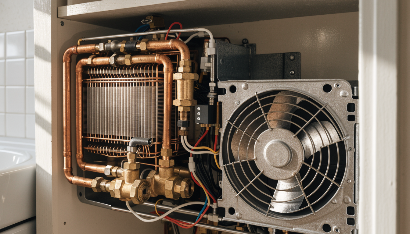 The internals of a domestic gas boiler with the case removed, showing the finned heat exchanger, copper pipework, brass valves and the fan, mounted in a kitchen cupboard