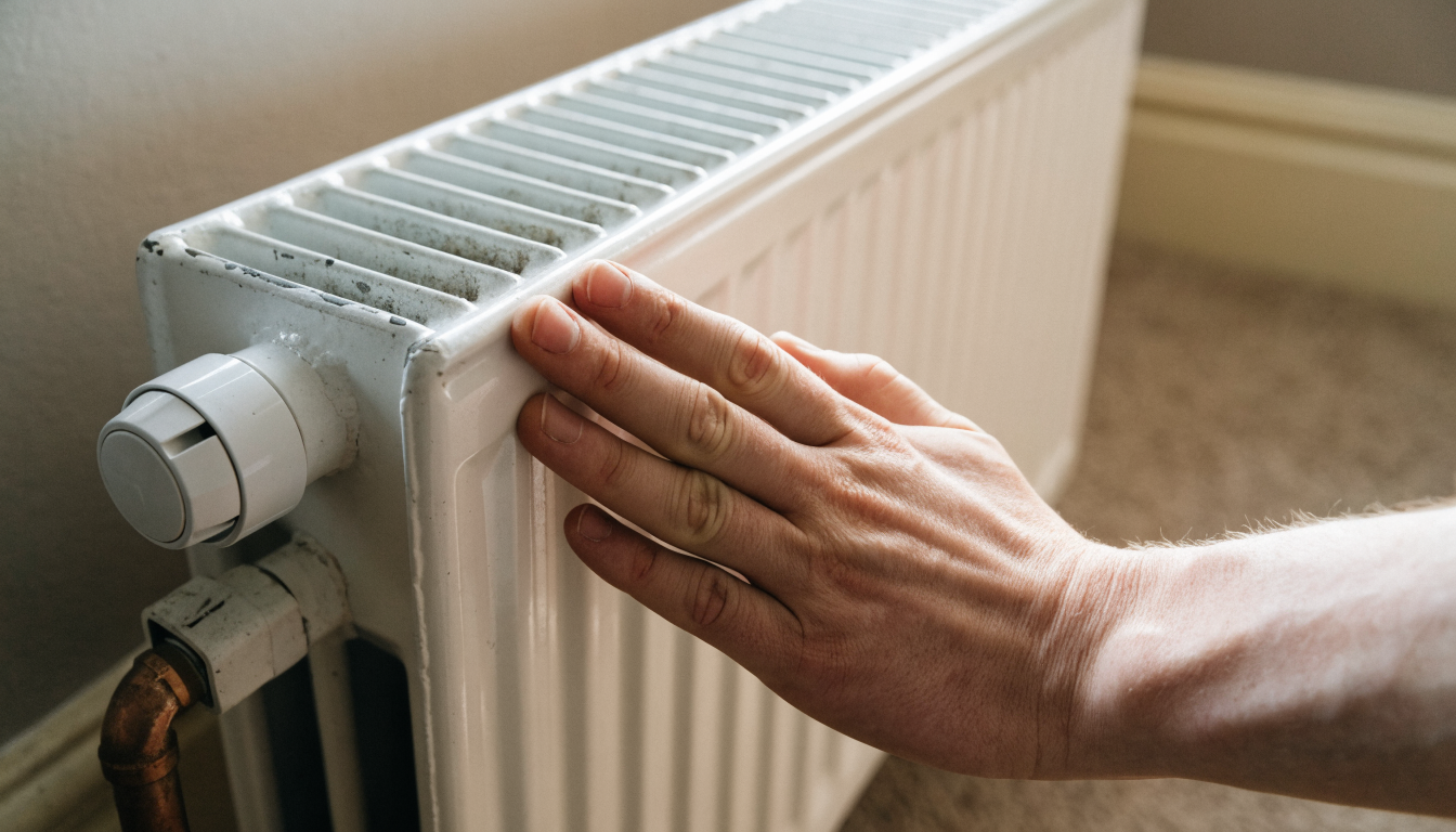 A hand pressed flat against the lower panel of a white radiator to feel whether the bottom is cold, with the thermostatic radiator valve and copper pipework visible below