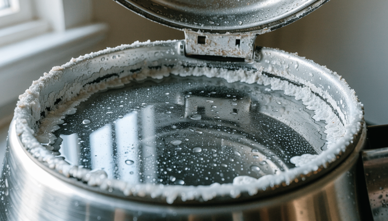 Thick chalky white limescale crusted around the rim, lid and base inside an open stainless steel electric kettle