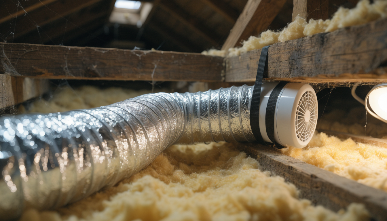 Silver flexible ducting running across loft joists and mineral wool insulation to a white inline extractor fan