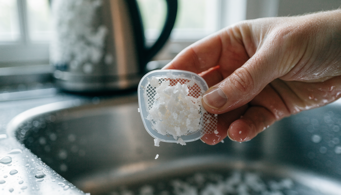 A hand holding a kettle spout filter over a sink, its fine mesh blocked with white flakes of limescale