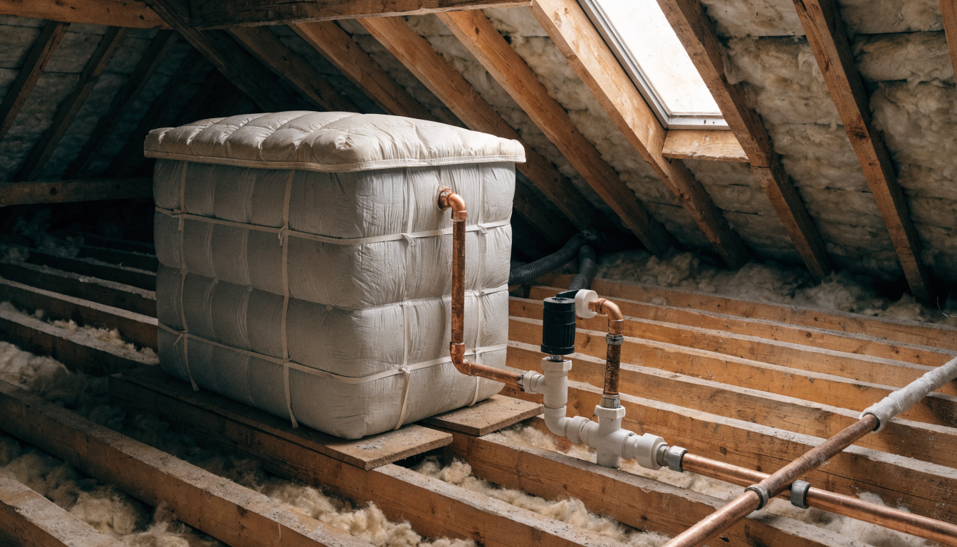 A cold water storage tank in a loft wrapped in a quilted insulation jacket, standing on boards across the joists with copper pipework running away from it
