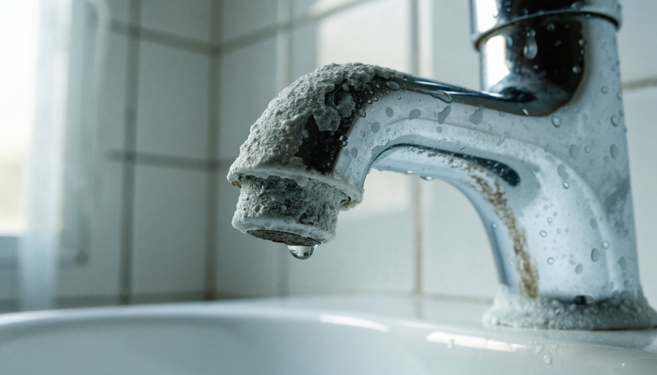 Thick white limescale crust built up around the spout and aerator of a chrome bathroom mixer tap above a white basin