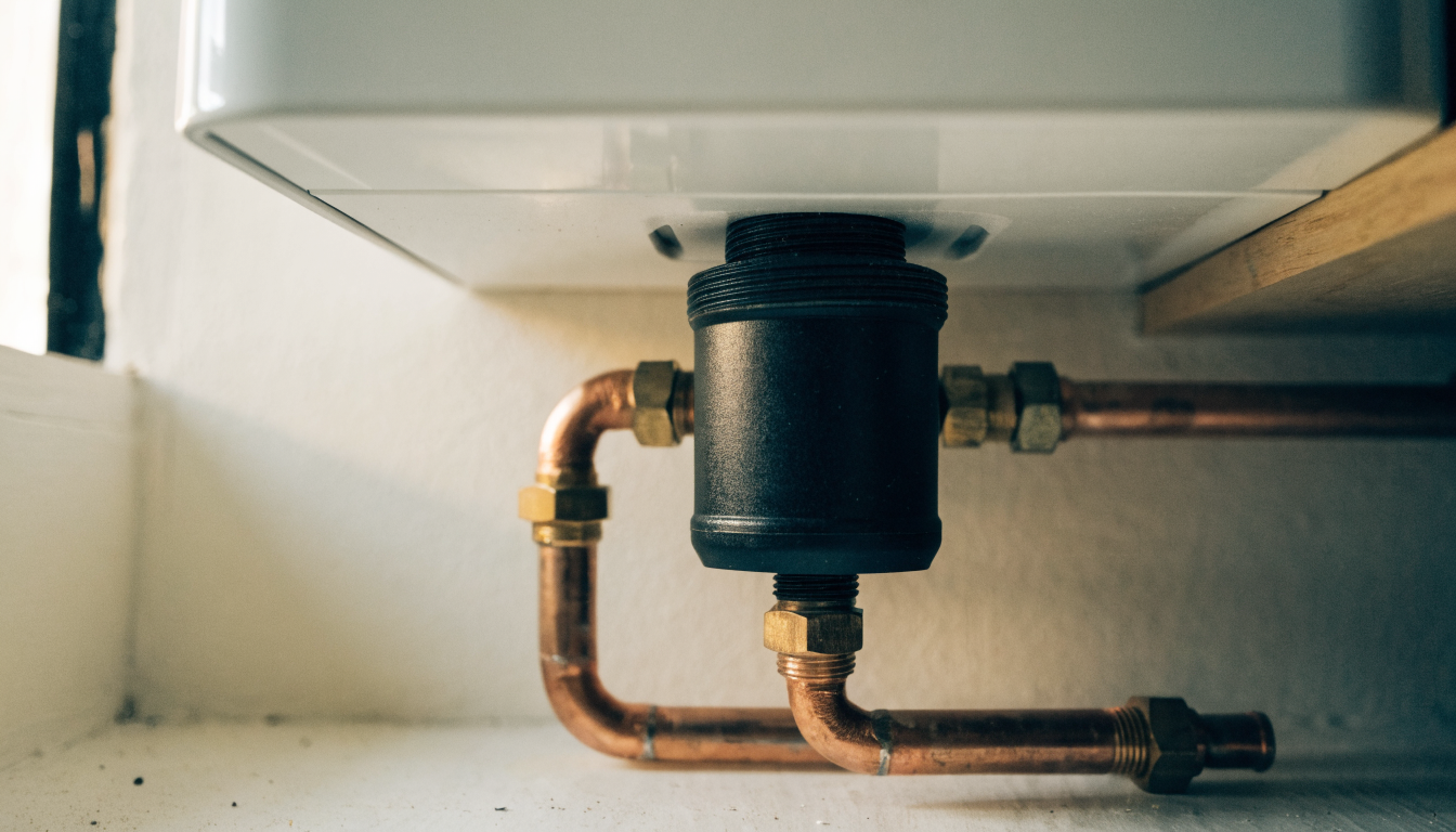 A black magnetic central heating filter fitted vertically on 22mm copper pipework with isolation valves either side, directly beneath a white wall-mounted combi boiler