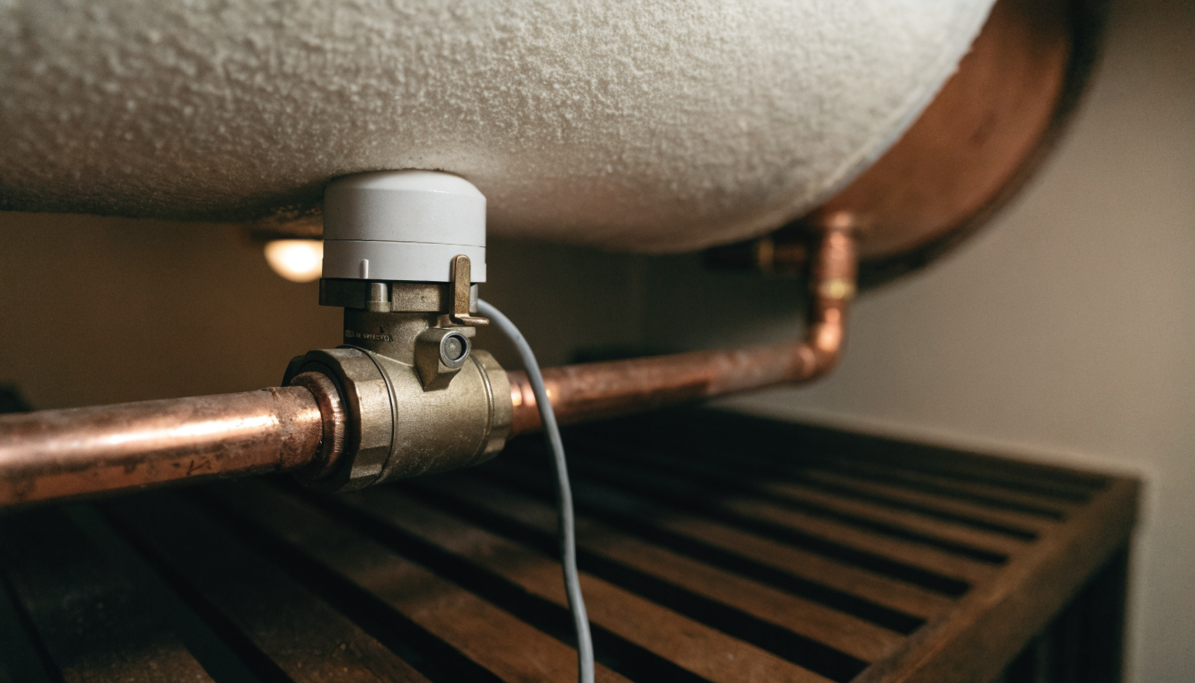 A motorised zone valve fitted to copper pipework under a lagged hot water cylinder in an airing cupboard, with its electrical cable running from the valve head