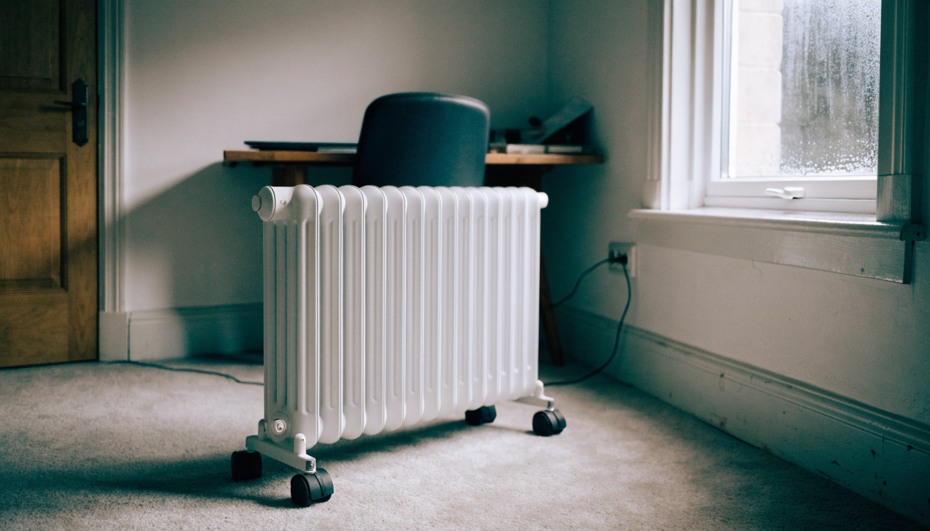 White oil-filled electric radiator on castors standing on carpet beside a desk in a small spare bedroom used as a home office, plugged into a wall socket under the window
