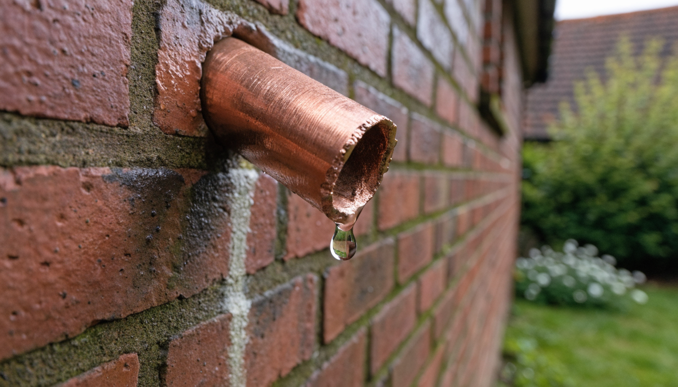 Copper pressure relief discharge pipe coming through a red brick exterior wall with a drip of water at the end and a limescale stain on the brickwork below