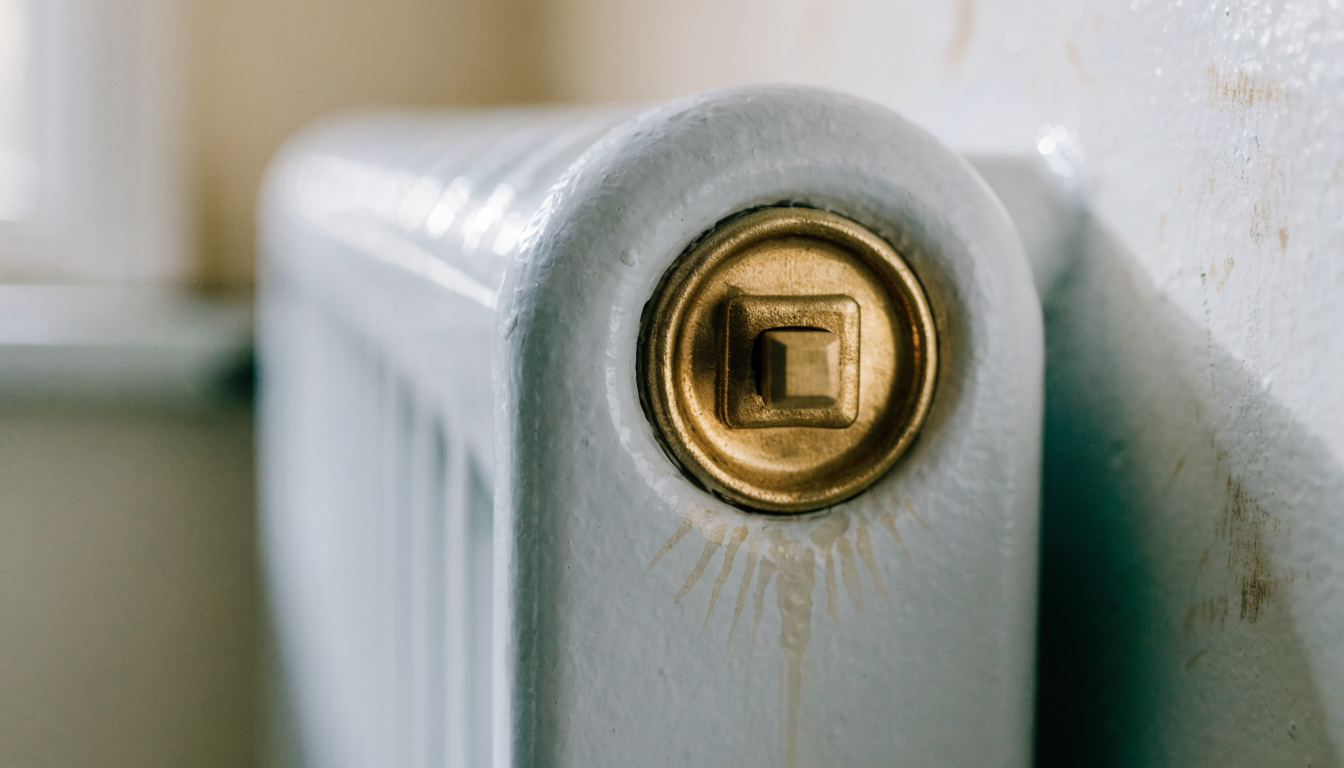 Close-up of the brass bleed valve in the top corner of a white panel radiator, showing the square centre that a bleed key fits onto