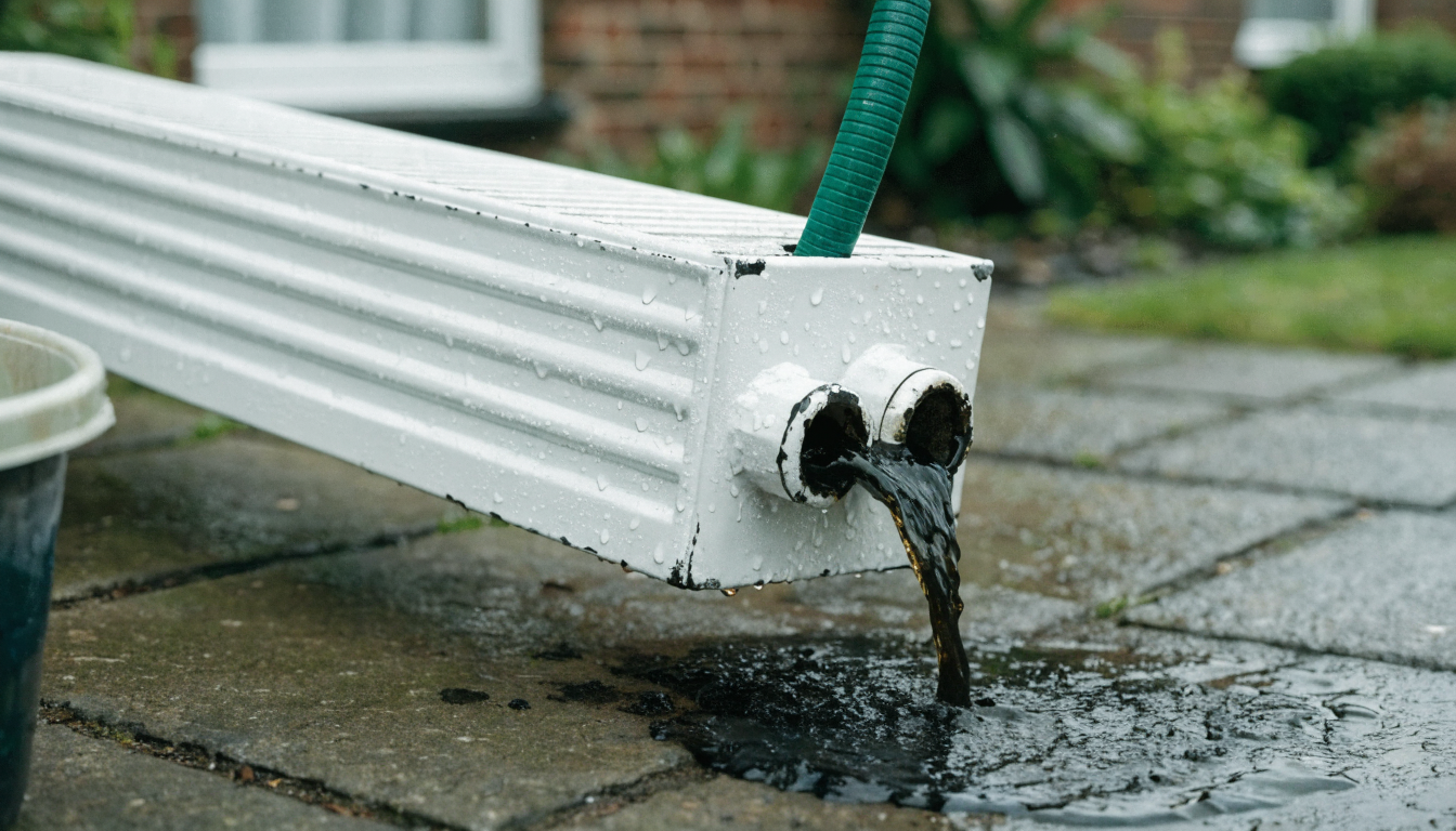 A white panel radiator taken off the wall and laid on a garden path, with a garden hose pushed into one valve tail and thick black sludge water pouring out of the other onto wet paving slabs