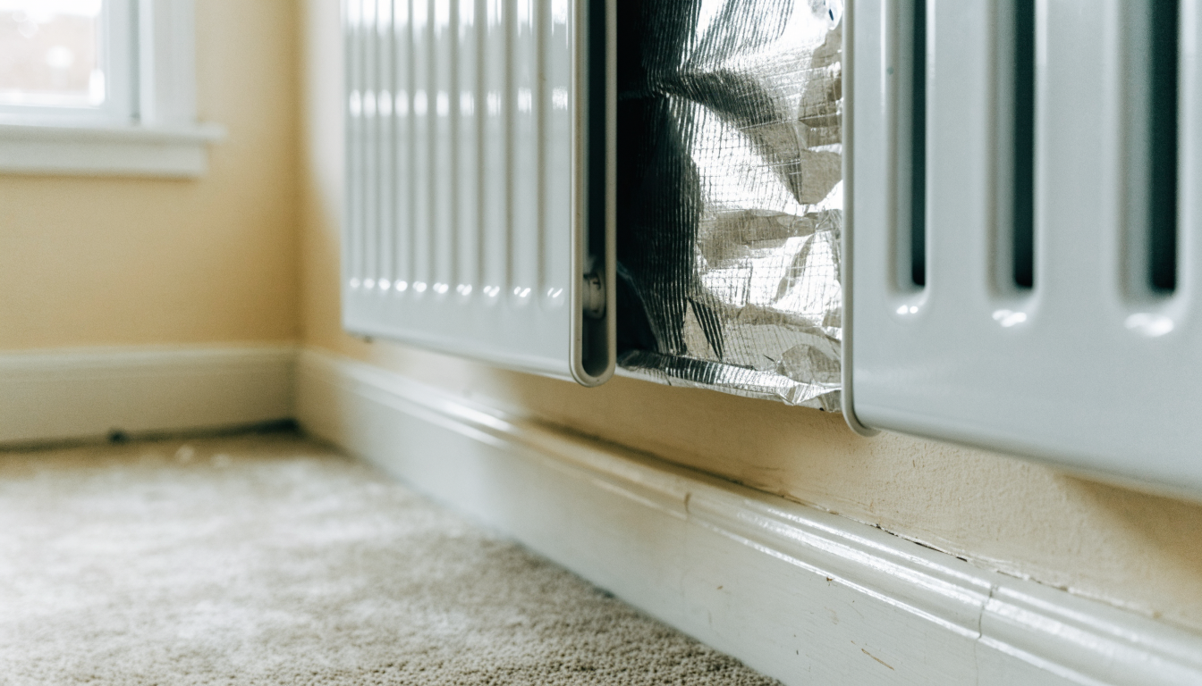 Silver reflective foil panel fitted to the wall behind a white double panel radiator in a UK living room, visible through the gap between the radiator and the wall