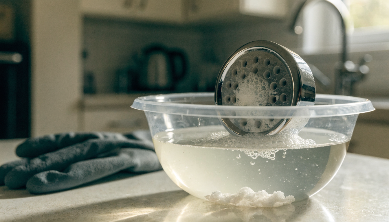 Chrome shower head soaking face down in a plastic bowl of descaling solution on a kitchen worktop with loose scale flakes in the liquid