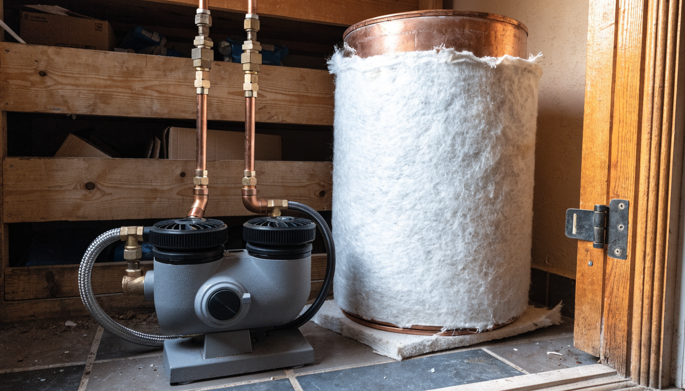 A twin impeller shower pump sitting on the floor of an airing cupboard beside a lagged copper hot water cylinder, connected with flexible hoses and copper pipework with brass isolating valves