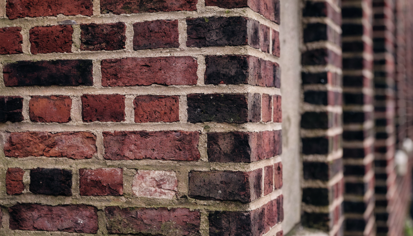 Weathered red brick wall on an older British house showing a bond pattern with short header bricks among the long stretchers, the usual sign of a solid wall rather than a cavity wall