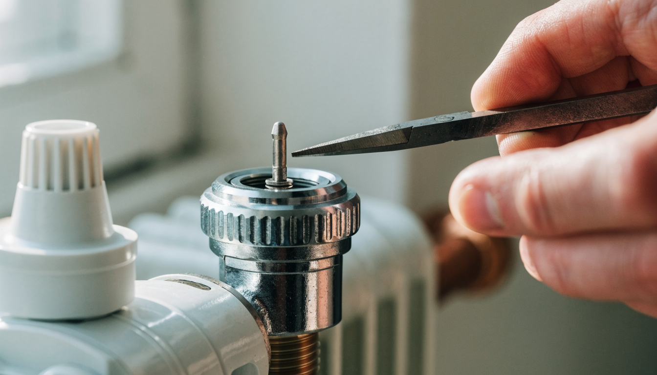 A thermostatic radiator valve with the control head removed, showing the small spring-loaded pin in the top of the valve body, with pliers about to free it