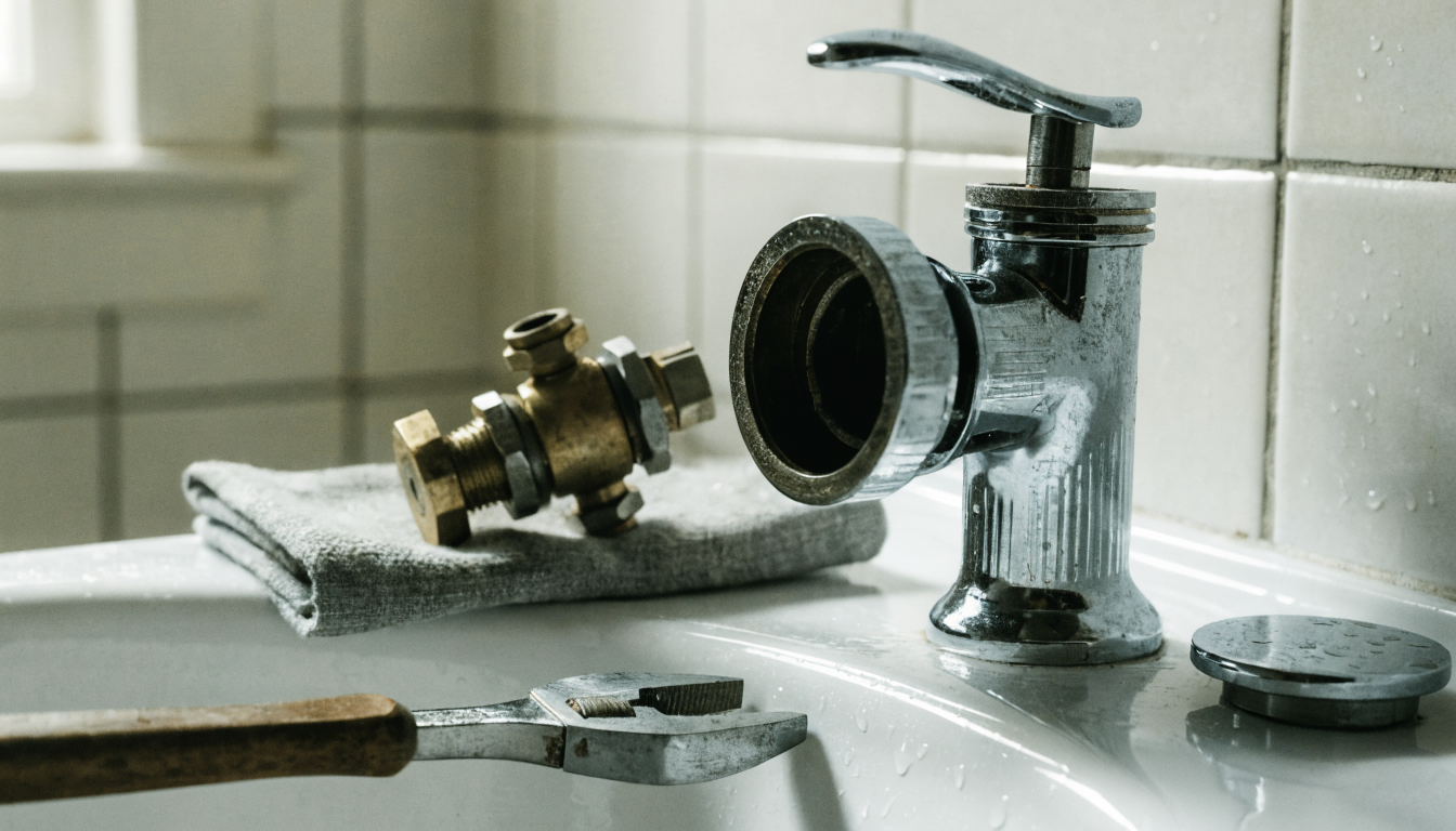 A traditional chrome pillar tap dismantled on a white basin, with the brass headgear valve assembly lifted out onto a cloth and the tap body left open at the top, an adjustable spanner beside it