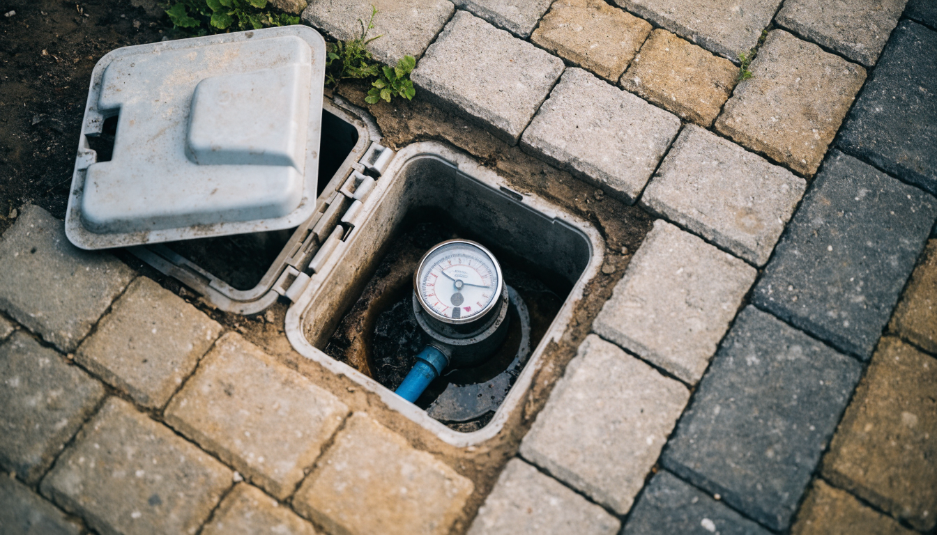 A UK domestic water meter in its underground chamber in a block-paved driveway, with the chamber lid lifted to one side and the meter dial visible above the blue supply pipe
