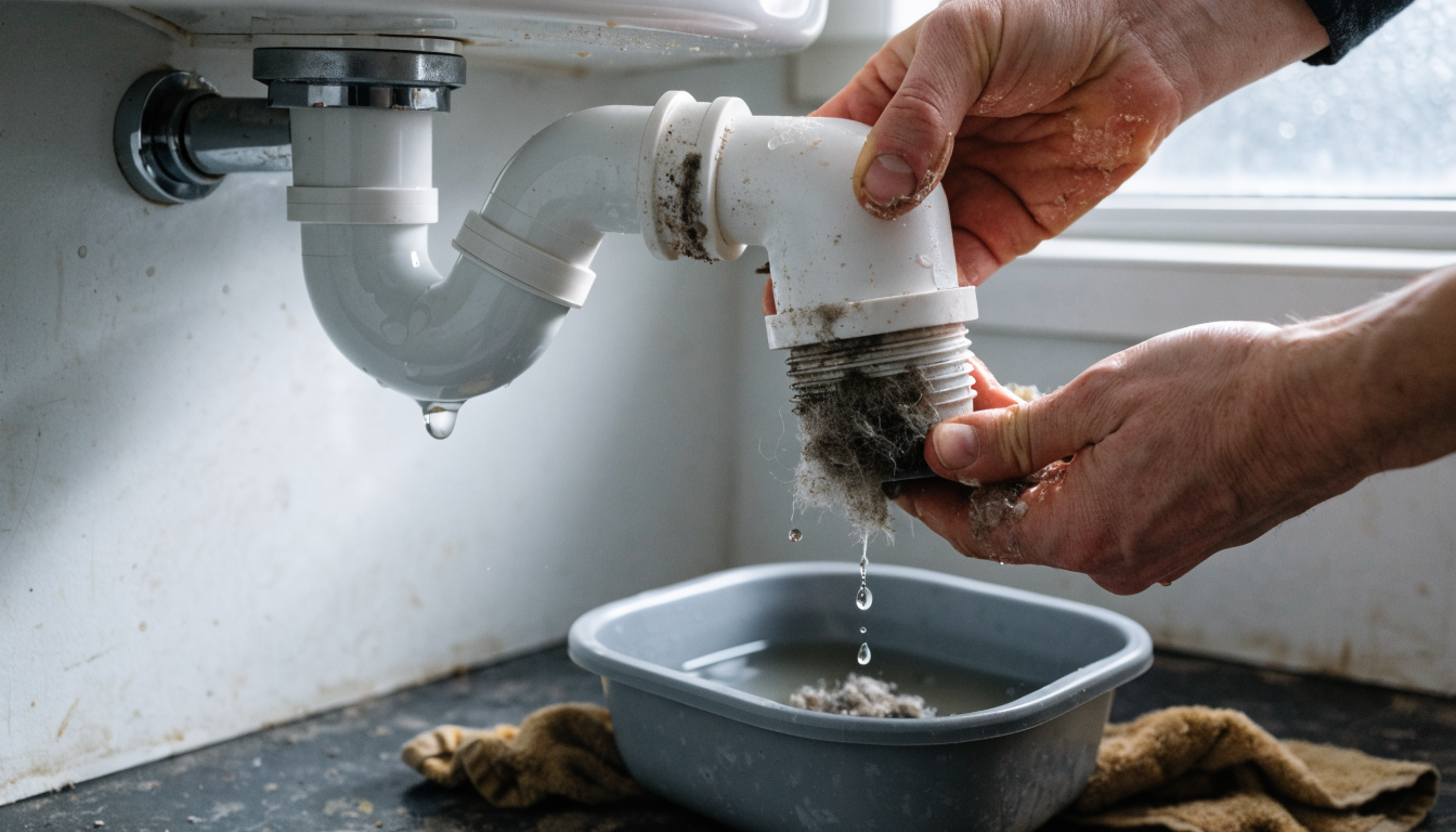 Hands unscrewing a white plastic bottle trap under a basin, with grey sludge inside the trap and a bowl and towel placed underneath to catch the water