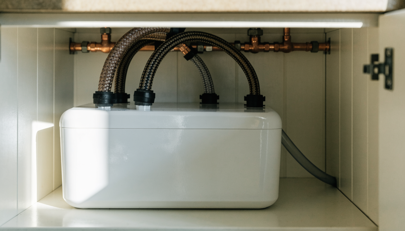 A white water softener installed in a kitchen base cupboard, with braided hoses curving up to copper pipework and very little clearance behind the unit