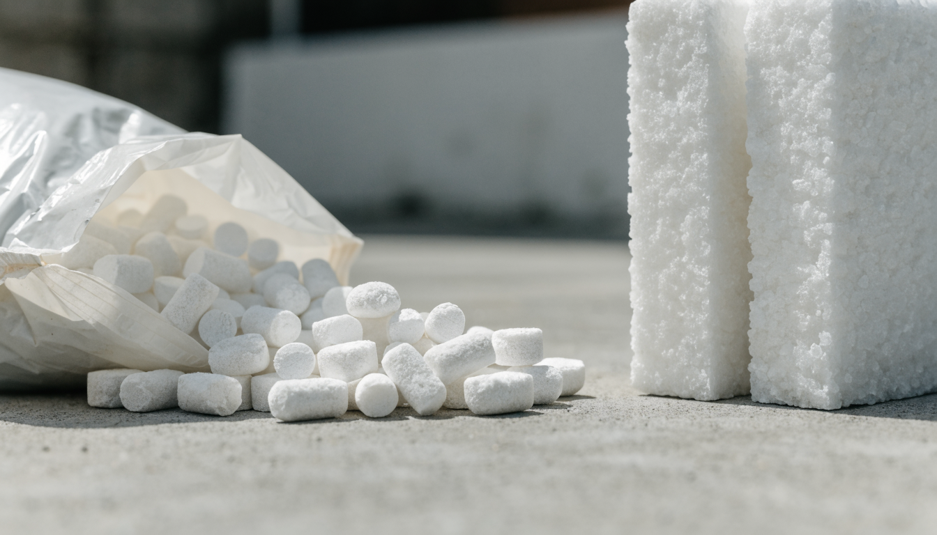 Water softener salt tablets spilling from a 25kg sack beside two compressed salt blocks