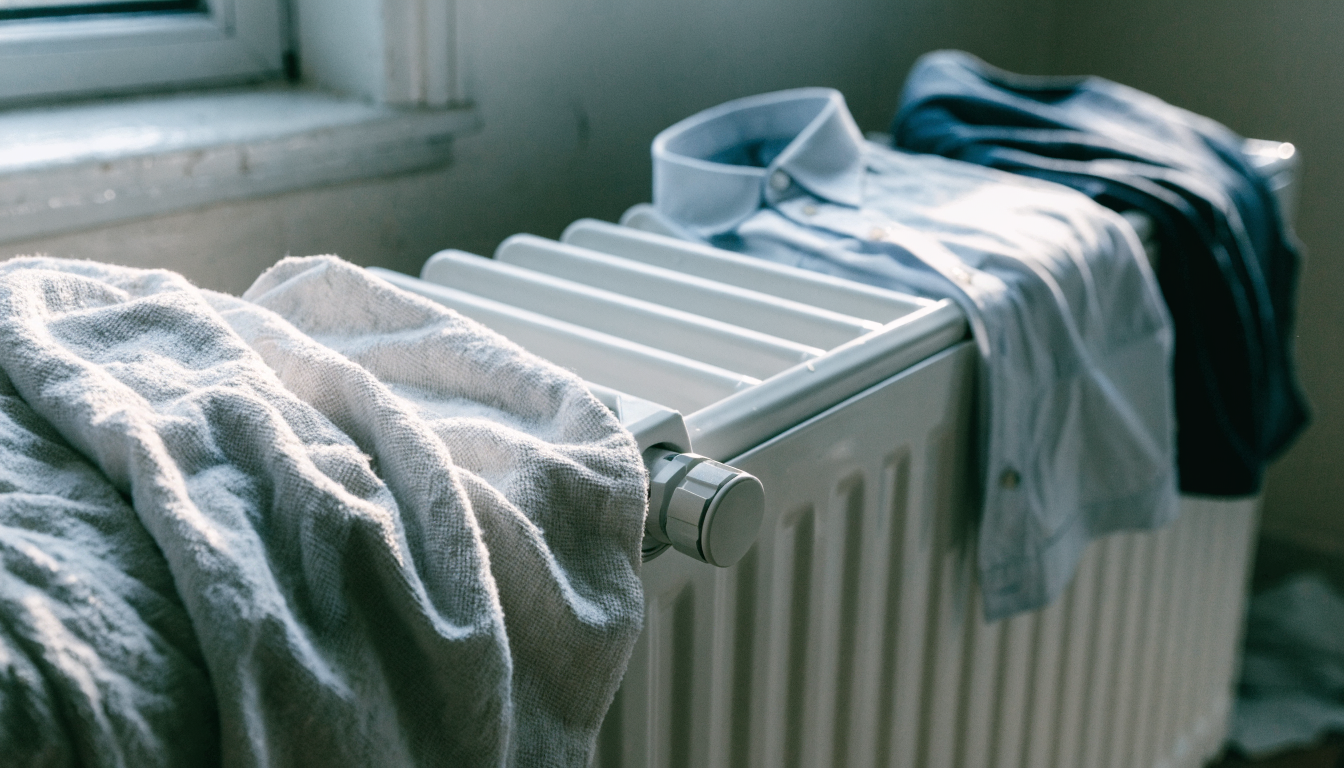 Damp towels and shirts draped over a white panel radiator with a thermostatic valve, drying indoors next to a cold window