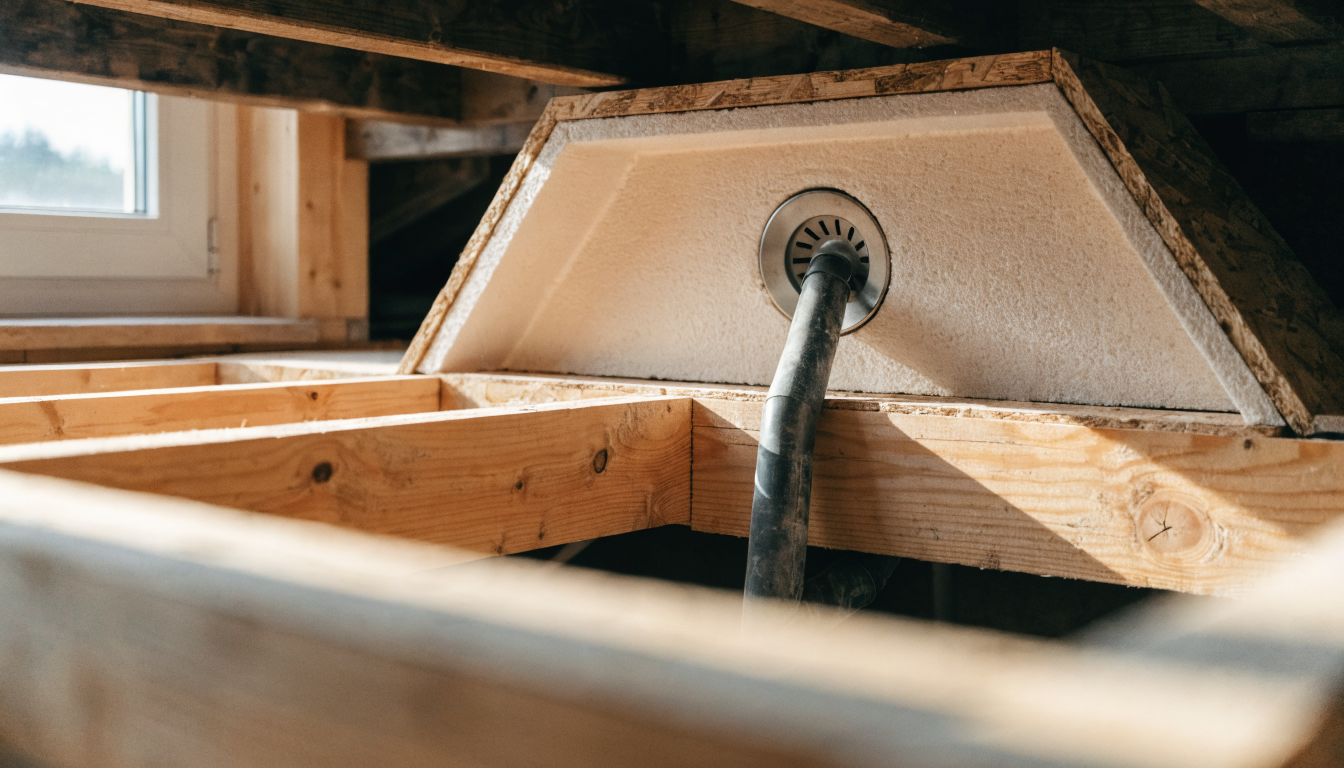 A tapered wet room shower former recessed into a cut-out timber floor deck between joists, with the drain body and waste trap dropping into the floor void below