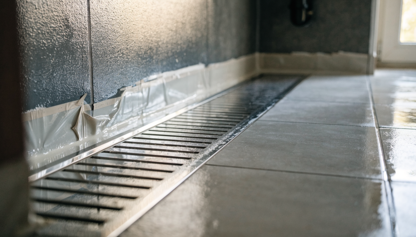 A stainless steel linear shower drain set into a tiled wet room floor, with waterproof tanking membrane and sealing tape visible at the wall junction