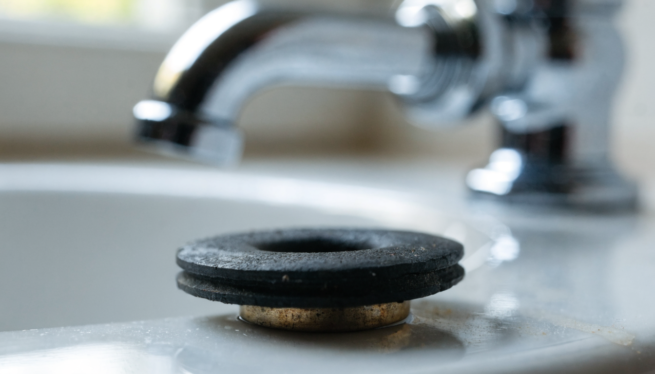 Close-up of a worn black rubber tap washer still sitting on its dull brass jumper, resting on a basin rim, with the rubber hardened and grooved around the edge where it pressed against the valve seat